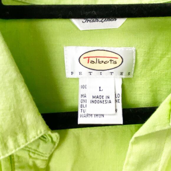 Talbots Large Petites Womens Lime Green Irish Linen Button Front Shirt Top - Picture 3 of 7
